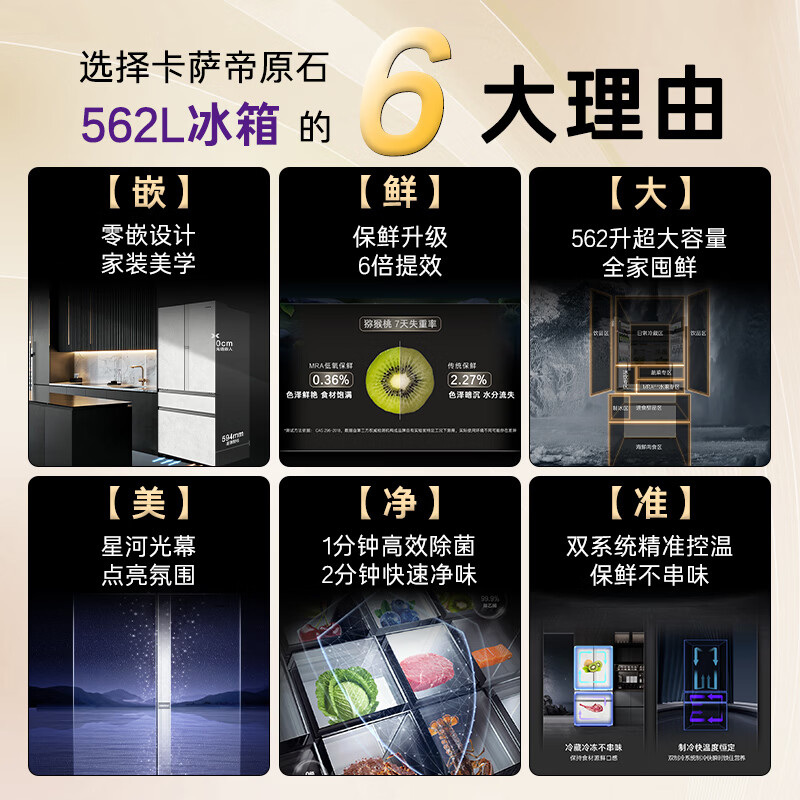 卡萨帝(Casarte)原石562L法式多门冰箱594MM超薄零嵌自动制冰MRAPlus低氧窖藏养鲜BCD-562WGCFDM4DUU1 561同款