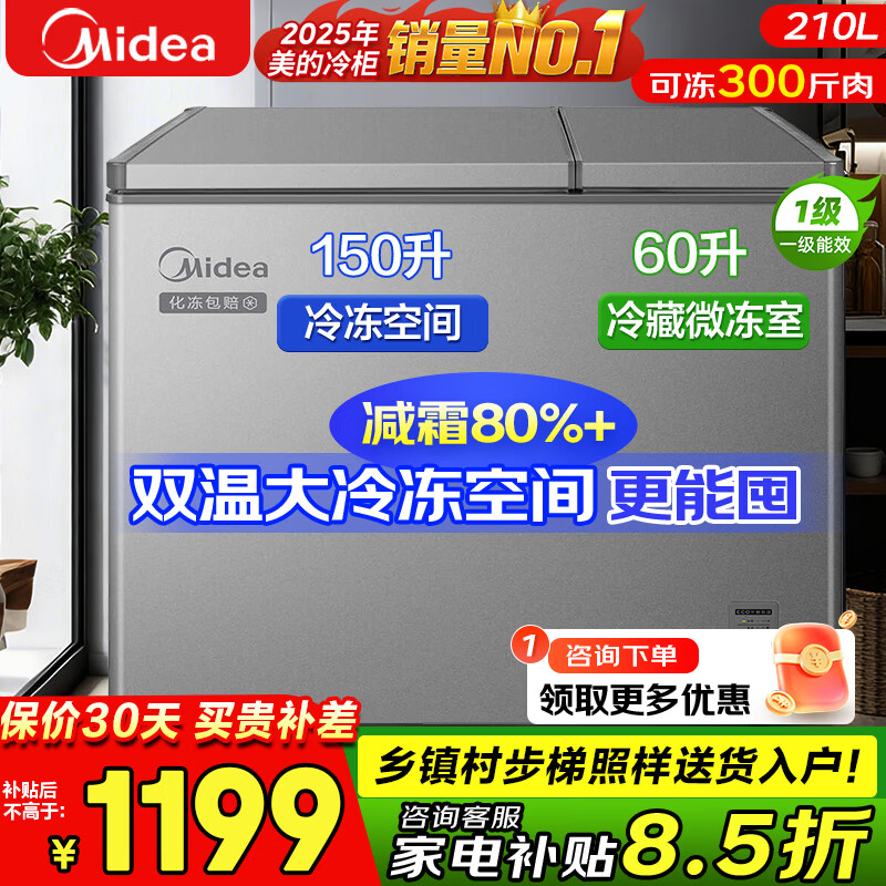 美的（Midea）200升【双温双门】家用冰柜大冷冻小冷藏两用卧式冷柜小型冰箱非无霜电子控温一级能效 家电补贴 210升 【双温高配丨合金内胆】钛钢灰