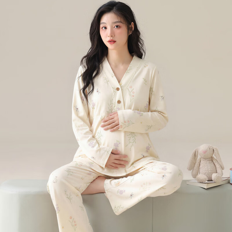 ROVO纯棉月子服孕妇产后喂奶哺乳睡衣带胸垫吸汗产妇家居服套装 粉色小兔【纯棉 自带胸垫】 XXL