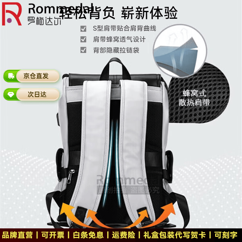 罗梅达尔（Rommedal）新款品牌高档双肩包男户外通勤背包时尚大容量学生书包男包双肩包 黑色拉链款【京仓次日达】【高46*底长32*宽16CM】