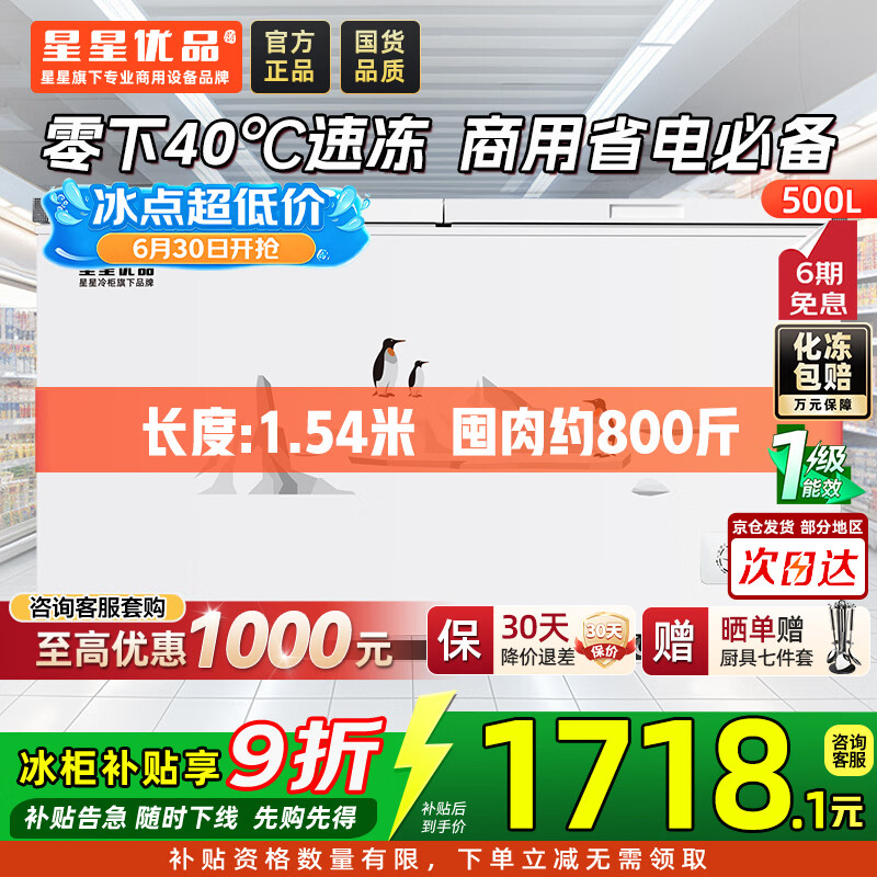 星星500升单温冰柜商用冷藏冷冻两用卧式冰箱大容量雪柜速冻保鲜柜节能-40℃冷冻柜BD/BC-500C/U