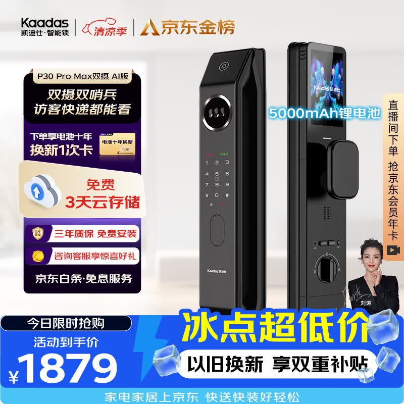 凯迪仕（KAADAS）智能门锁 双摄人脸识别可视猫眼大屏指纹锁 P30 Pro Max双摄AI版
