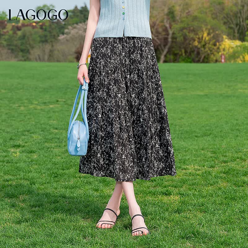 LAGOGO轻盈碎花褶皱蛋糕裙女拉谷谷2026夏新款肌理感半身裙 黑白 M