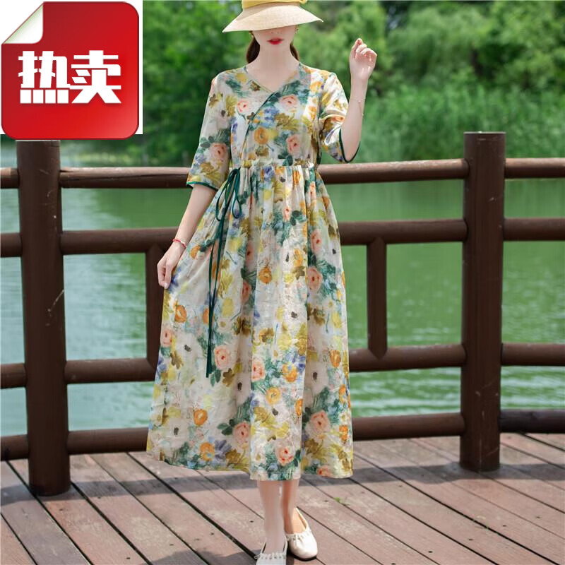 夏典素订女王(SE.PSTP)棉麻连衣裙夏季新款碎花复古大尺码女装宽松收腰显瘦大摆洋气长裙 花色 M 【建议95-118斤】