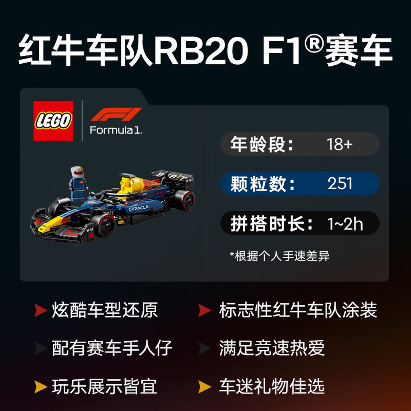 乐高(LEGO)积木SPEED赛车系列 小颗粒积木模型玩具车男孩女孩生日礼物摆件 77243红牛F1赛车 拼装玩具 毕业礼物
