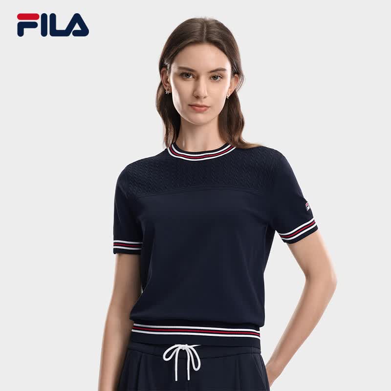 FILA 斐乐官方女子编织衫2026年新款休闲简约基础通勤短袖上衣 启灵蓝-DB L 170/88A/L