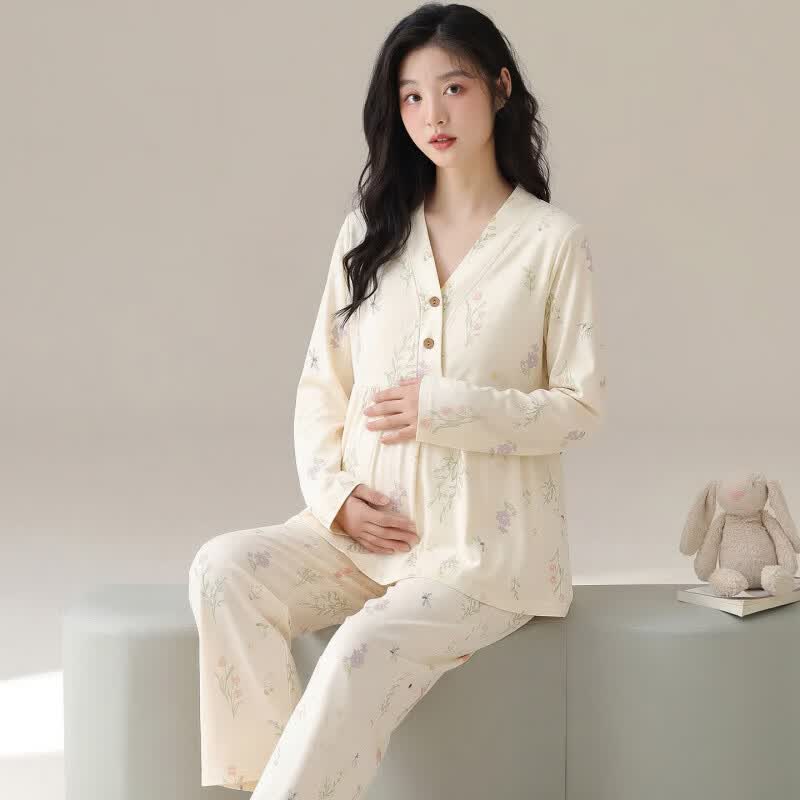 ROVO纯棉月子服孕妇产后喂奶哺乳睡衣带胸垫吸汗产妇家居服套装 粉色小兔【纯棉 自带胸垫】 XXL