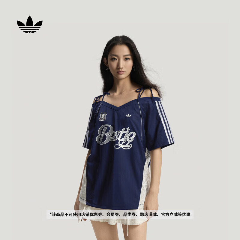 adidas球衣风露肩吊带镂空蕾丝短袖T恤女夏季新款阿迪达斯三叶草   深靛蓝   XL