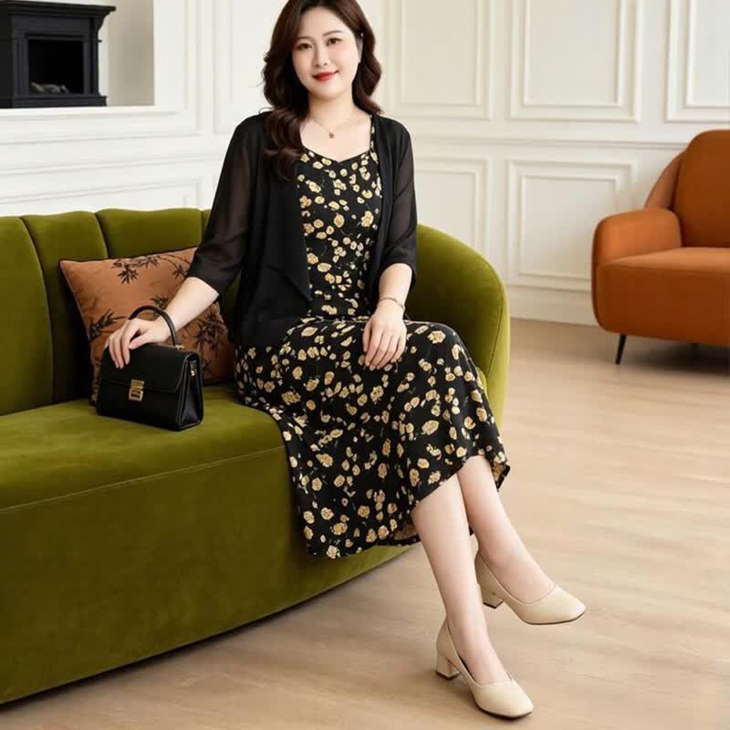 莎妮朵罗胖妈妈秋装连衣裙套装加肥加大码中老年女气质宽松遮肚显瘦裙子 黑底黄花 【两件套】裙装 5XL 建议180-200斤穿着