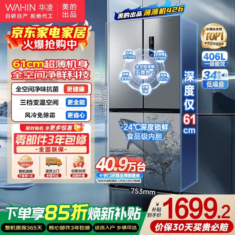 华凌 冰箱 美的出品61cm超薄十字双开门对开多门家电国家补贴一级能效风冷无霜家用冰箱HR-426WSP