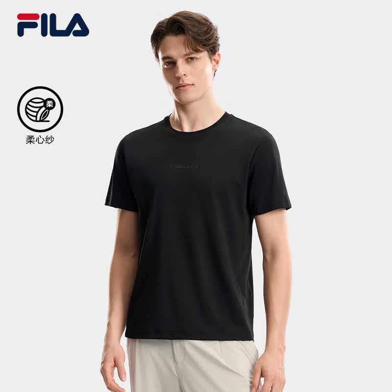 FILA 斐乐官方男子针织短袖衫2026秋新款简约基础上衣舒适百搭T恤 正黑色-BK XL 180/100A/XL