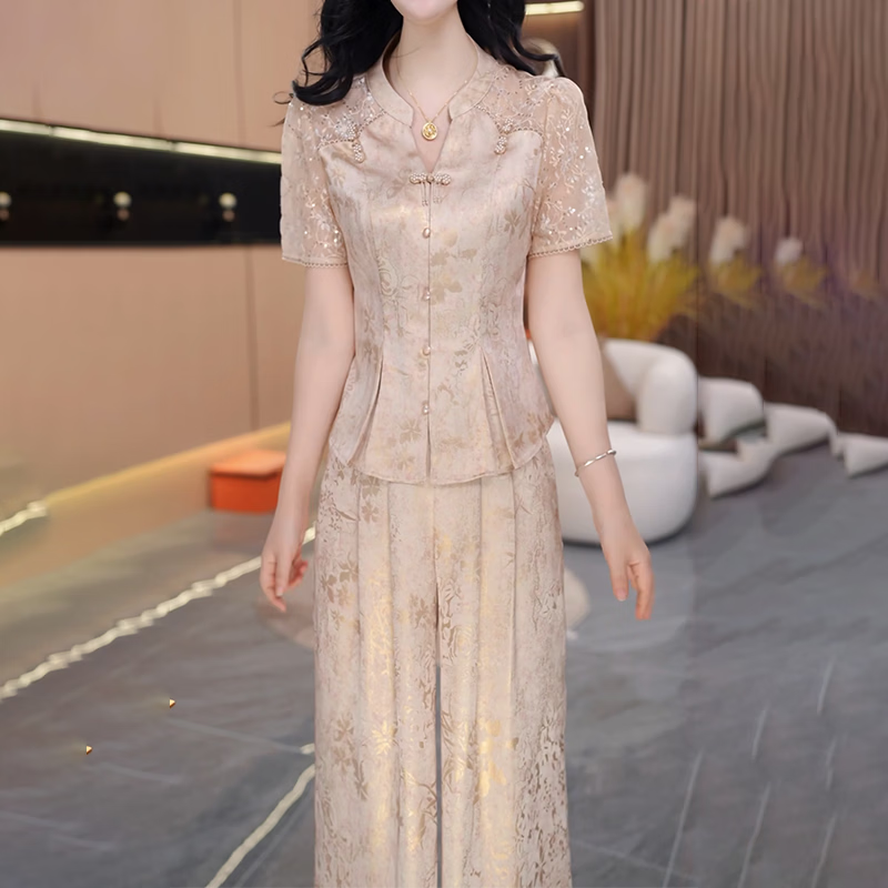 香影纯高档新中式短袖两件套女2026夏季新款流行妈妈通勤显瘦阔腿裤套装 图片色 3XL (建议140-150斤)
