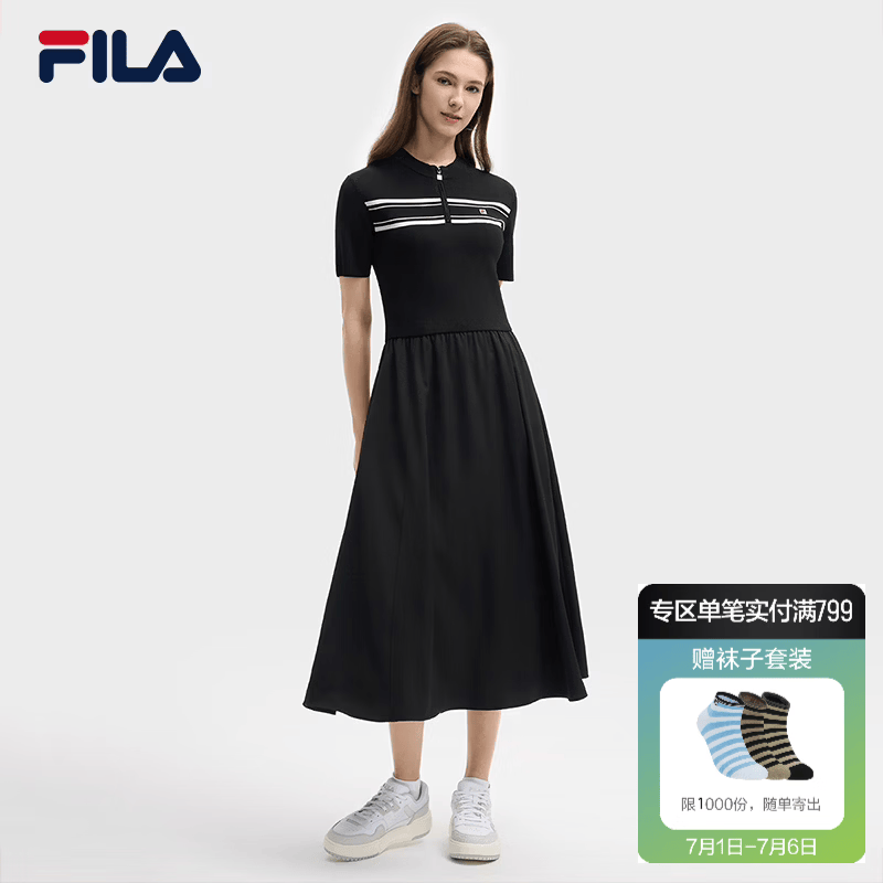 FILA斐乐官方女子连衣裙夏新款时尚休闲简约修身短袖连身裙 正黑色-BK L 170/88A/L