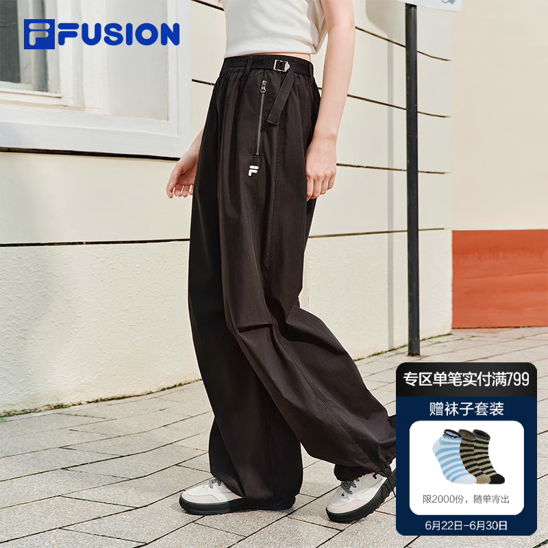 FILA FUSION斐乐潮牌梭织长裤女2026秋新款宽松裤子休闲裤阔腿裤 正黑色-BK S 160/62A/S