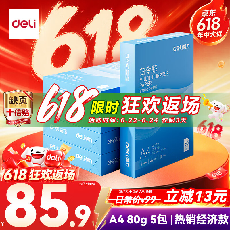 得力（deli）白令海A4打印纸 80g500张*5包一箱 双面加厚 高性价比复印纸 整箱2500张 7763【经济热销】