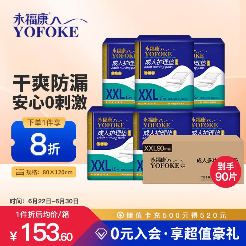 永福康成人护理垫XXL90片 尺寸80*120cm婴儿孕产妇床垫老人一次性隔尿垫