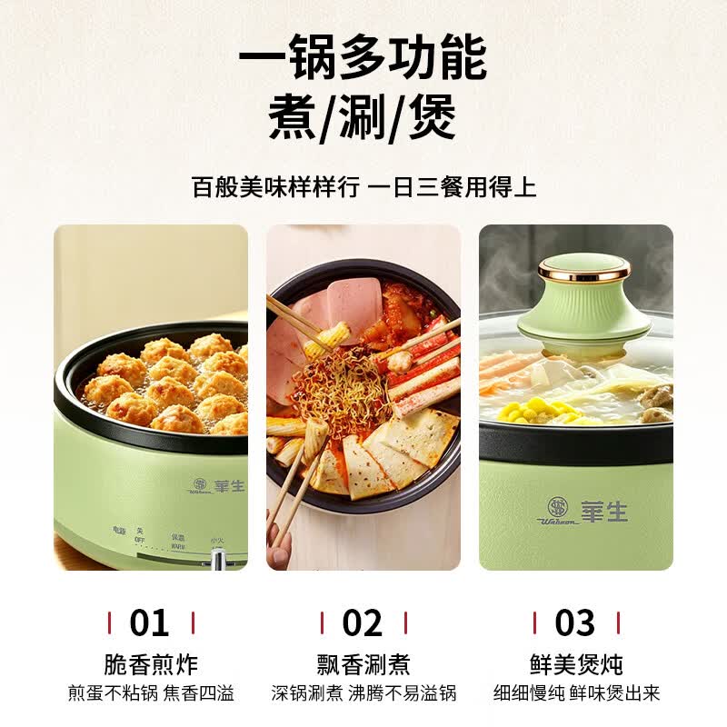华生(Wahson)电火锅分体式可拆洗家用大容量火锅专用锅电煮锅电炒锅多功能不粘锅宿舍小电锅不锈钢电热锅 4L 【DRG-13-A10L绿色-煮涮煎炒】