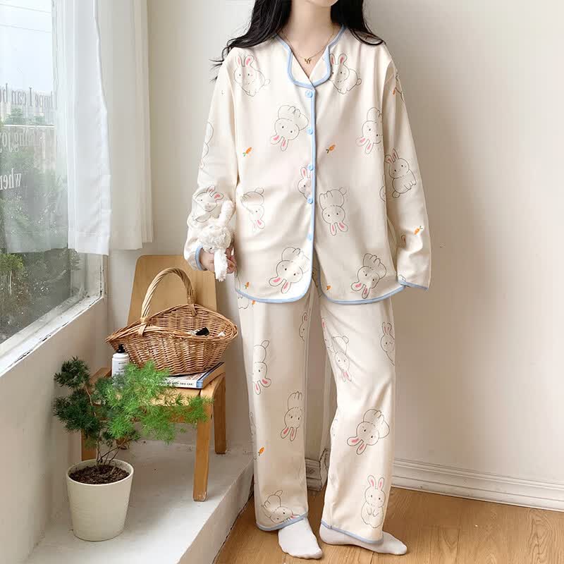 ROVO月子服孕妇睡衣套装可外穿产后哺乳衣夏季新款 浅蓝小兔 XL
