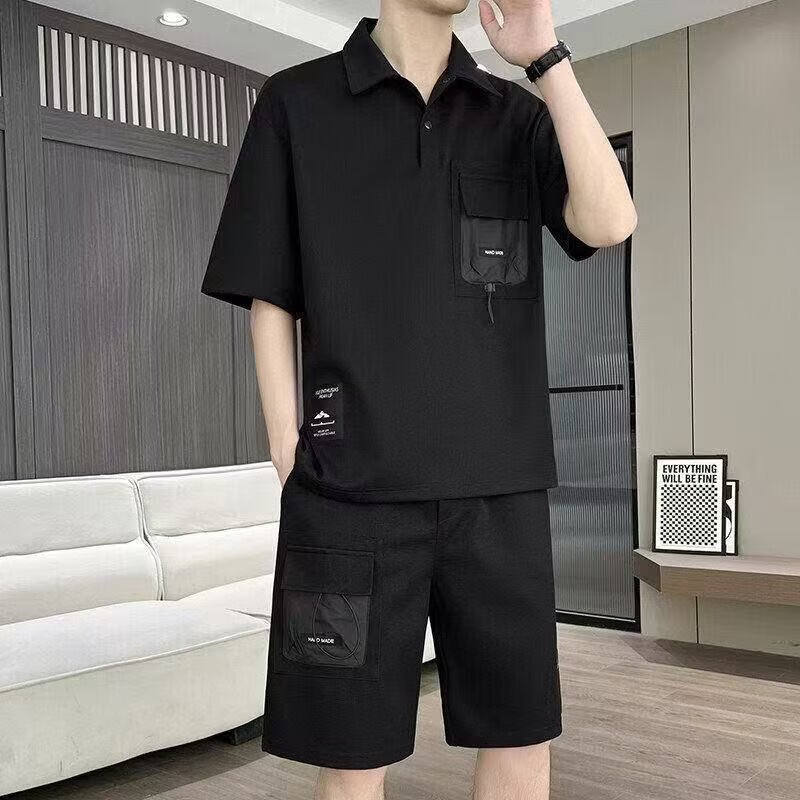 新款潮流帅短袖2026T恤套装男士大码POLO帅气夏季搭配休闲一整套 黑色套装 4XL 建议180-200斤