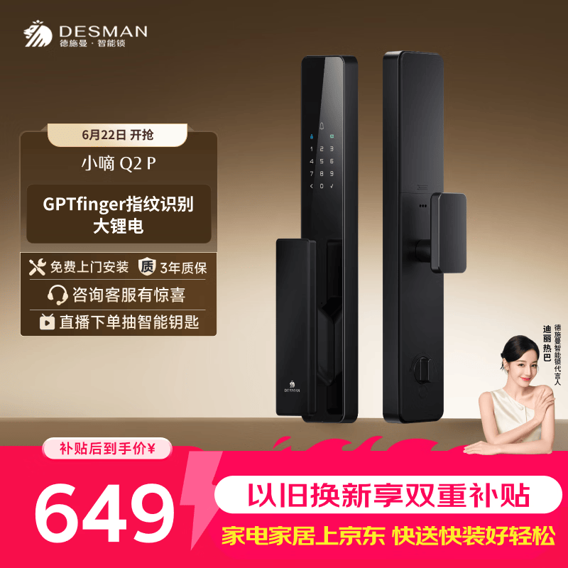 德施曼（DESMAN）智能门锁全自动C级锁芯入户门防盗指纹密码电子锁小嘀Q2P
