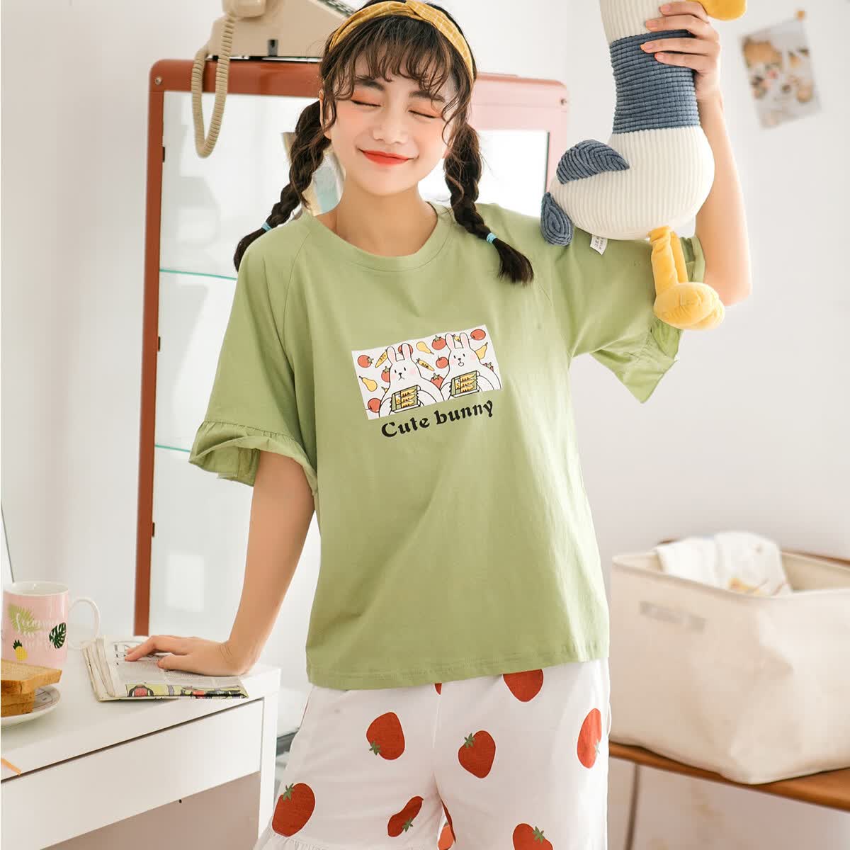 黛梦思睡衣女100%纯棉圆领休闲风可爱甜美短袖家居服套装 绿色 （亲肤纯棉） M -女款 （建议80-105斤）