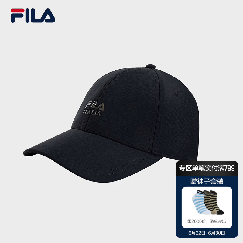 FILA 斐乐官方男新款棒球帽休闲通勤帽子时尚运动帽遮阳帽鸭舌帽 正黑色-BK