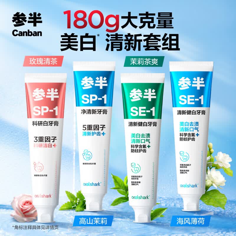 参半SP-1美白科研白净益生菌去渍SE-1净齿清新口气牙膏【田栩宁代言】 美白清新SE1海风薄荷180g*2 +SP1玫瑰清茶180g*2