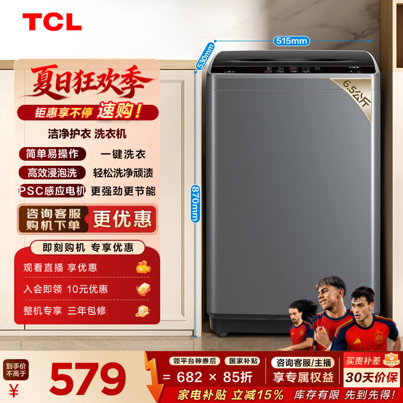 TCL 6.5KG波轮洗衣机全自动家用四重智控 洗衣机小型家电 XQB65-D01 灰色 波轮