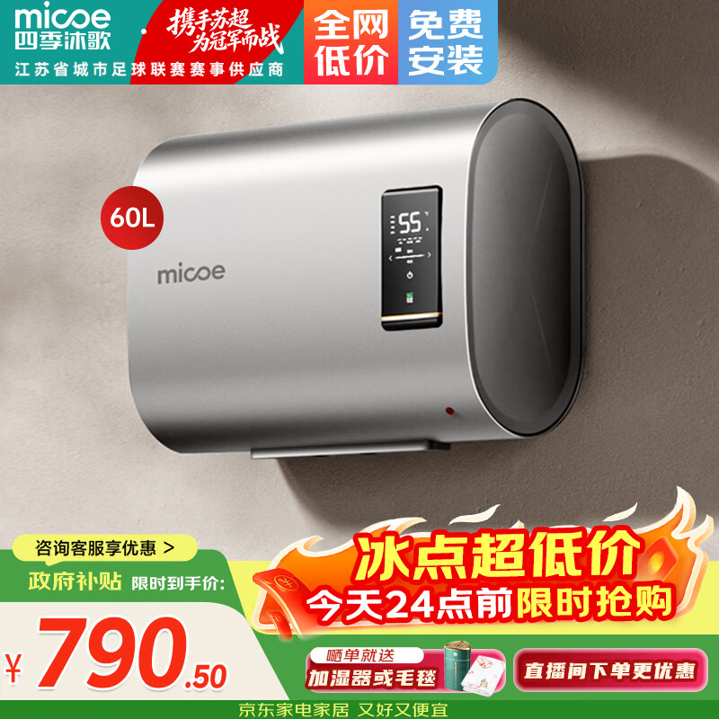 四季沐歌（MICOE）电热水器扁桶超薄双胆一级能效节能3000W家用速热恒温预约遥控免换镁棒双防电墙净滤防冻上门安装 60L 3000W LED触控大屏