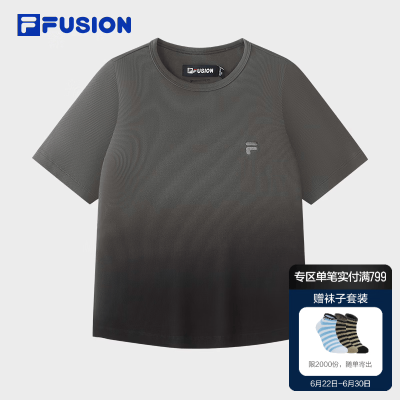 FILA FUSION斐乐潮牌女子针织短袖衫2026夏季新款渐变上衣紧身T恤 雷云灰-DY L 170/88A/L