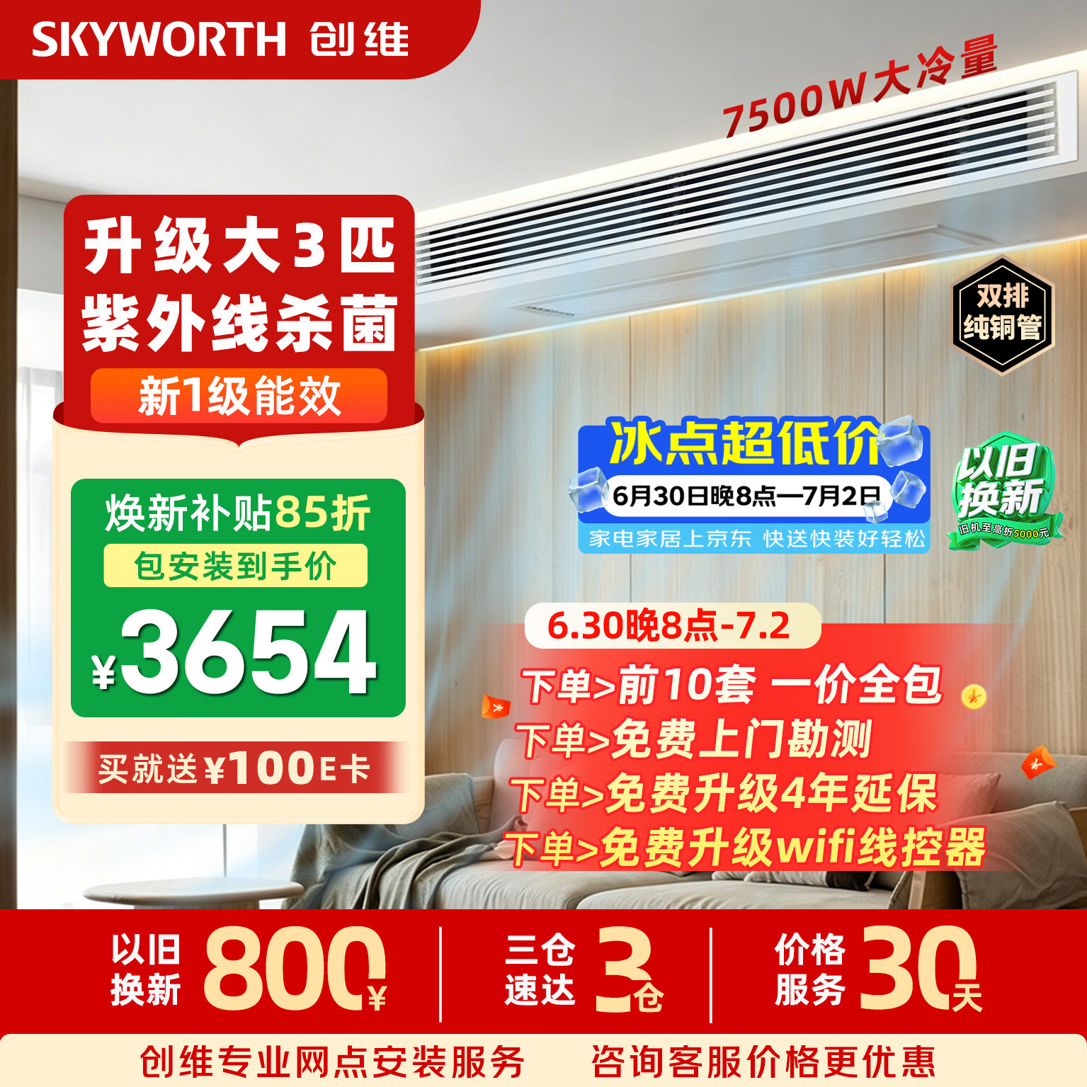 创维中央空调大3匹更省电风管机【升级10年保修】一拖一冷暖变频嵌入式KFR-75FW/V3LA1A-N1LA双排铜管