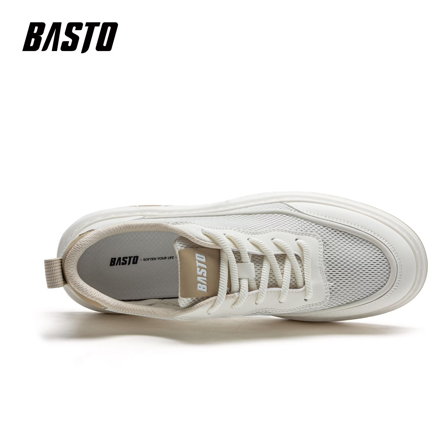 百思图（BASTO）夏季透气网面鞋男2026新款百搭男士休闲板鞋软底防滑耐磨鞋子 白杏色 41 【运动鞋码】