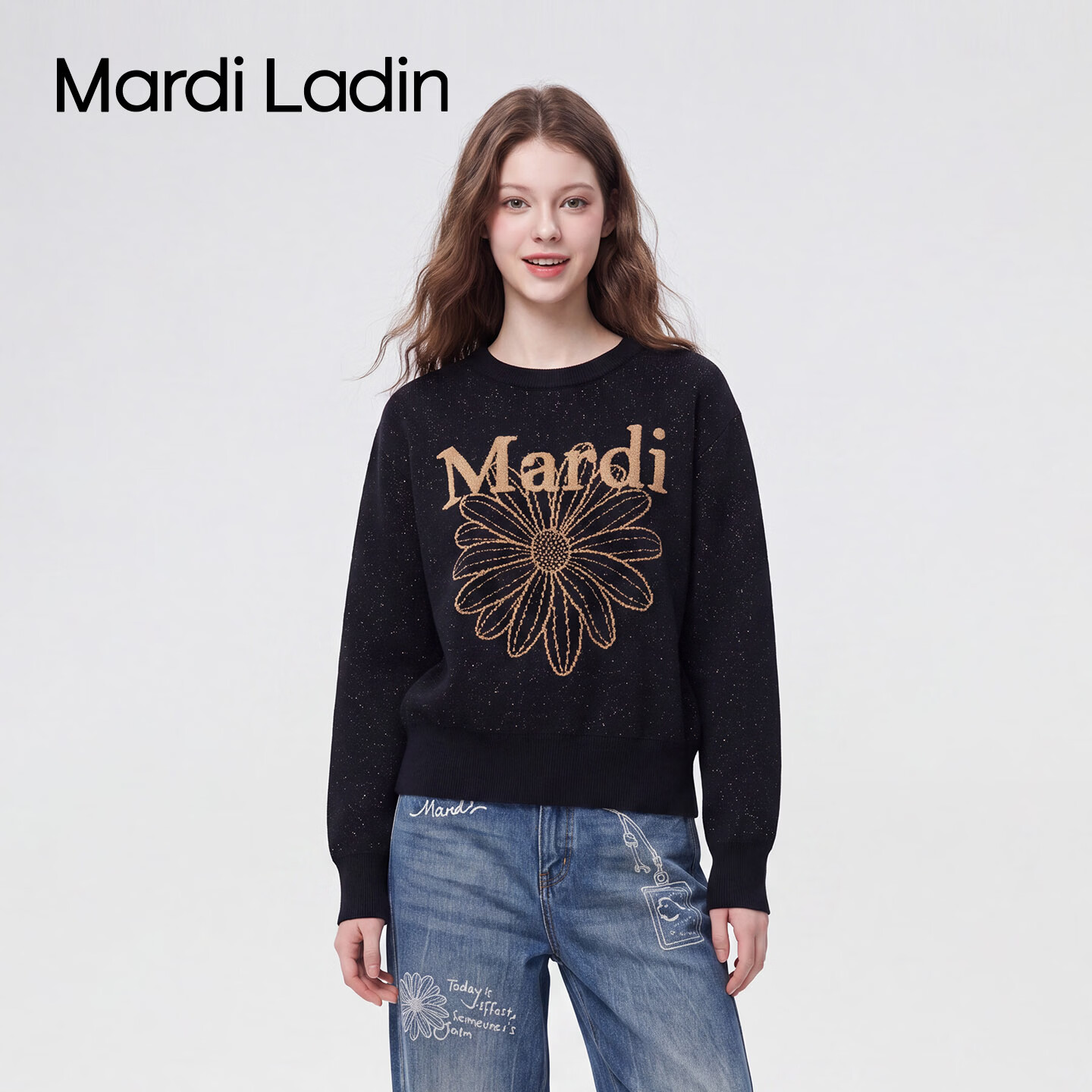 MARDI LADIN针织衫女2026年秋季新款印花套头毛衣女宽松保暖针织衫上衣女 黑色 M