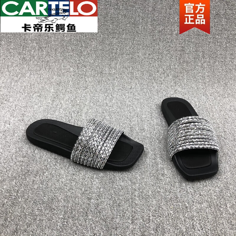 卡帝乐鳄鱼(CARTELO)欧洲站2026夏新款真皮女鞋露趾平底水钻条外穿一字拖简约凉拖鞋女 黑色 40