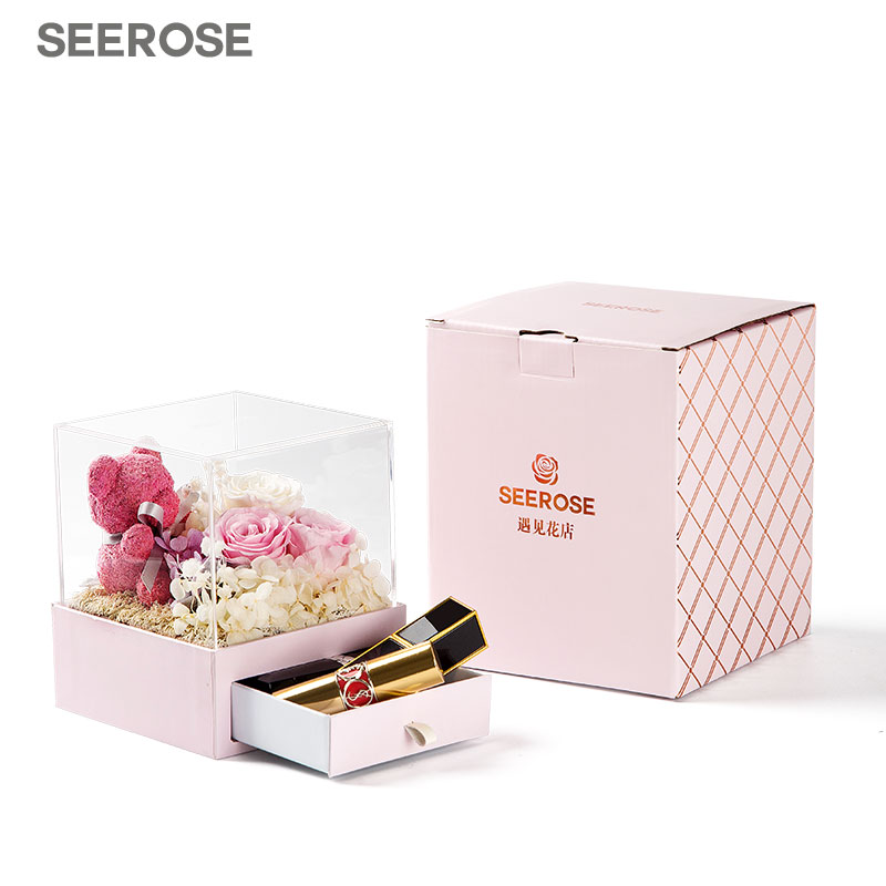 西罗斯(seerose)进口永生花玫瑰小熊口红首饰抽屉礼盒送爱人情人情人