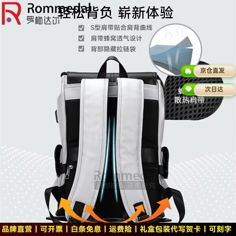 罗梅达尔(Rommedal)新款品牌高档双肩包男户外通勤背包时尚大容量学生书包男包双肩包 灰色拉链款【京仓次日达】【高43*宽30*厚16CM】
