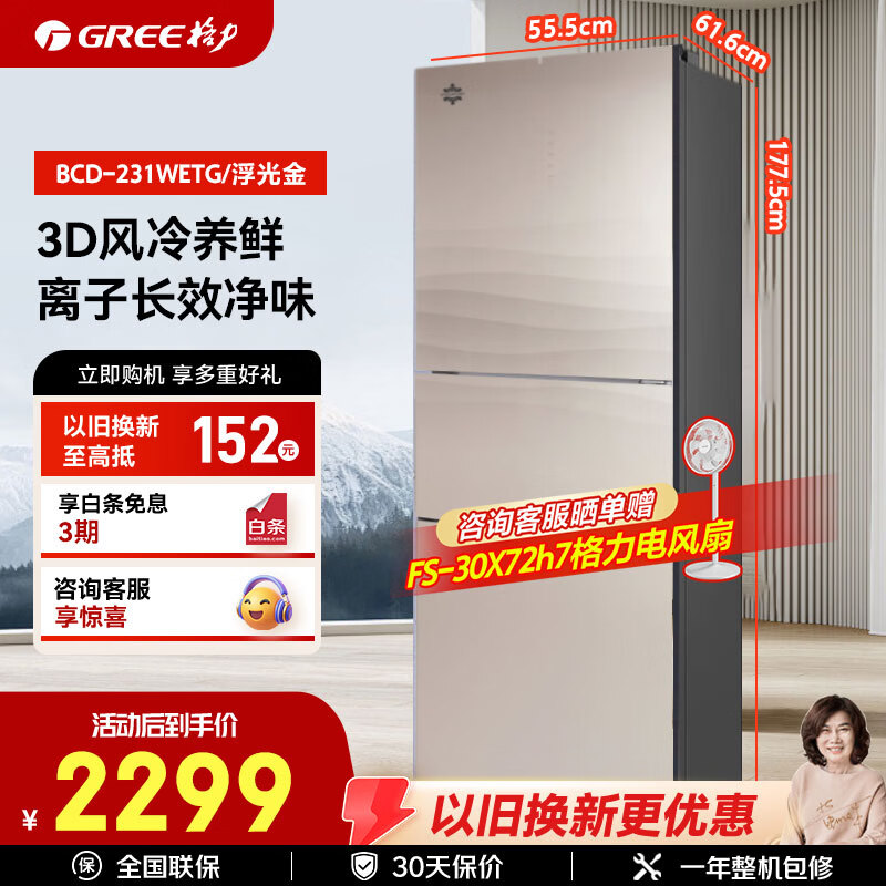 格力(GREE) 晶弘231升三门冰箱 小型家用 干湿分储 超薄风冷无霜养鲜 净味 5大制冷模式 BCD-231WETG/浮光金