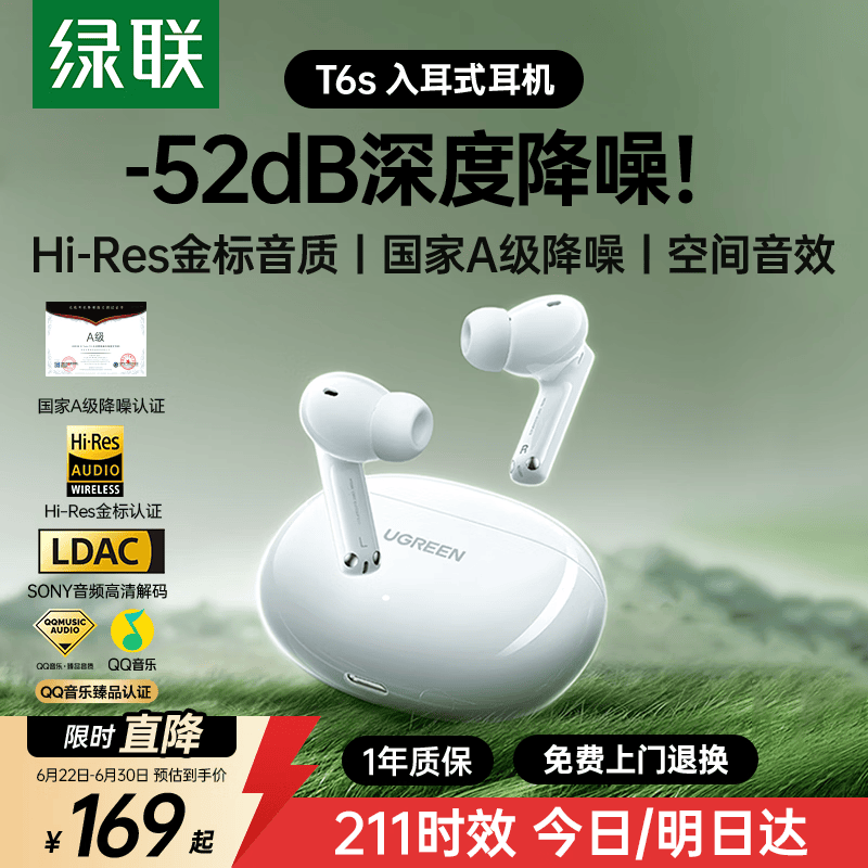 绿联蓝牙耳机T6s 1折到手价19元