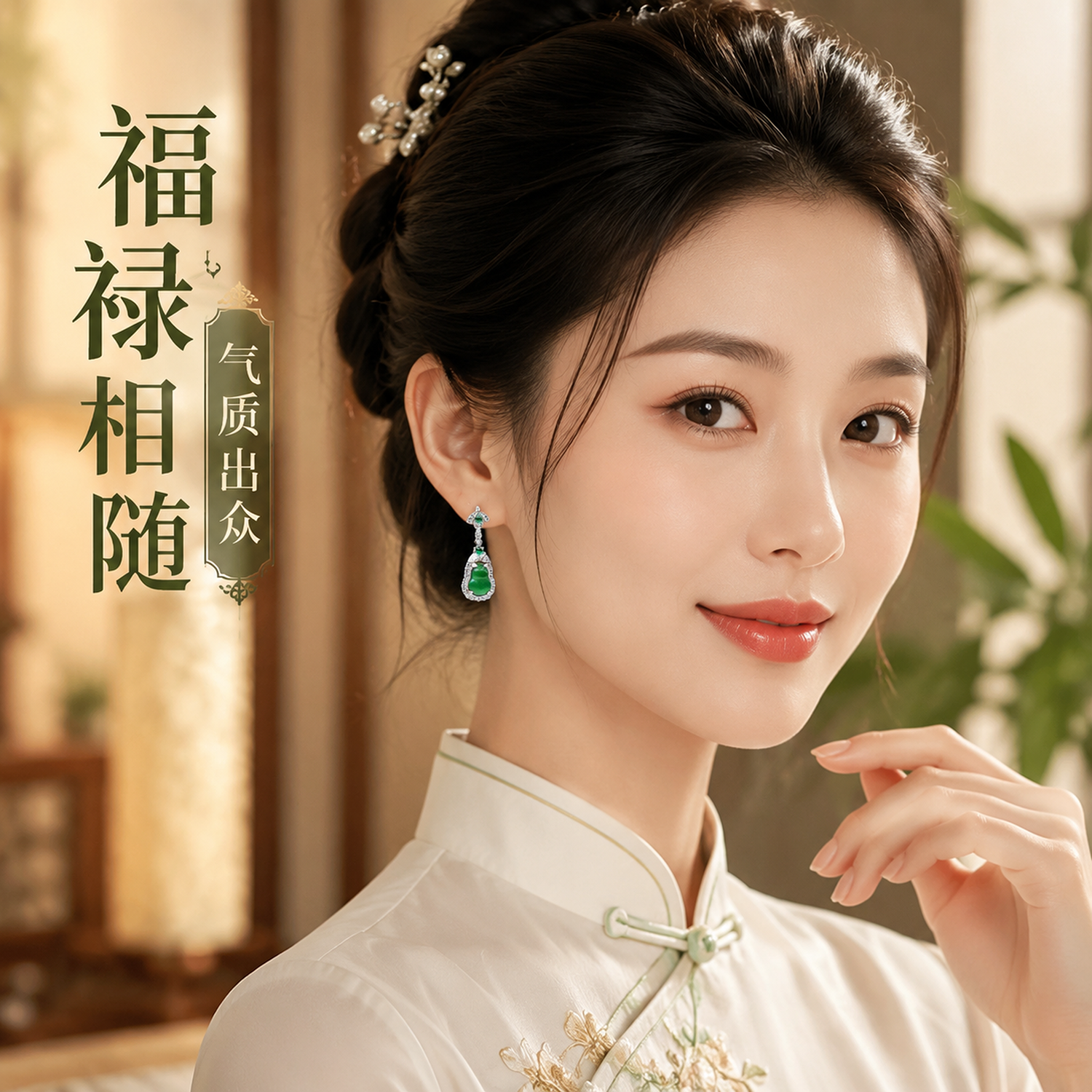 GUSKI珠宝品牌耳钉女设计天然翡翠葫芦新款高级感纪念日生日礼物送女友 【刻字/贺卡】下单请留言或备注