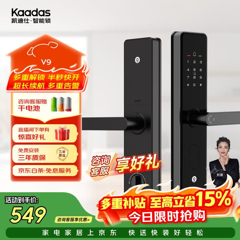 凯迪仕（KAADAS）智能门锁 指纹锁 防盗门锁密码锁 入户门电子智能锁 V9