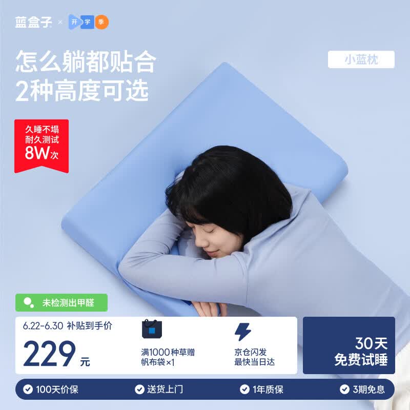 蓝盒子小蓝枕N2记忆棉枕头枕芯成人深睡护颈枕慢回弹宿舍透气深蓝10cm