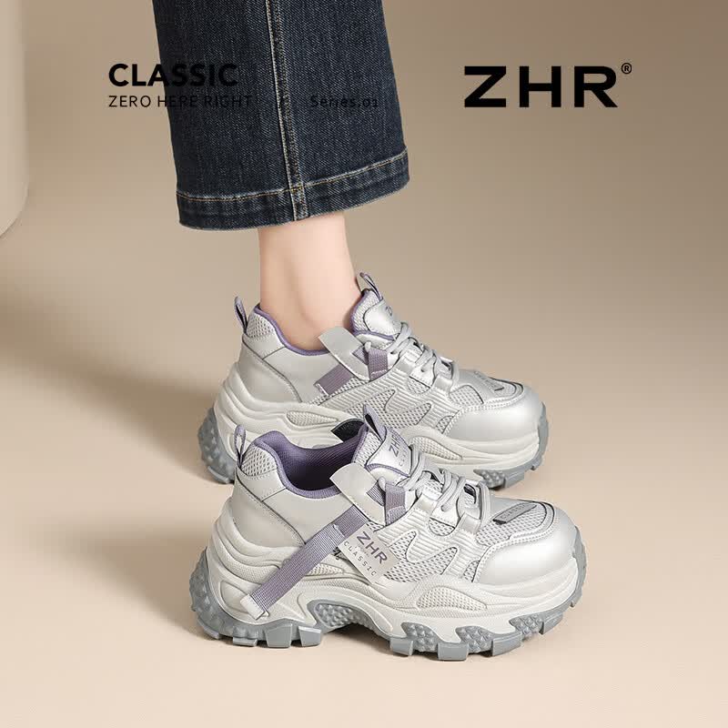 ZHR则则厚底老爹鞋女2026夏季新款内增高女鞋轻便软底休闲鞋子户外运动鞋 灰紫色 37
