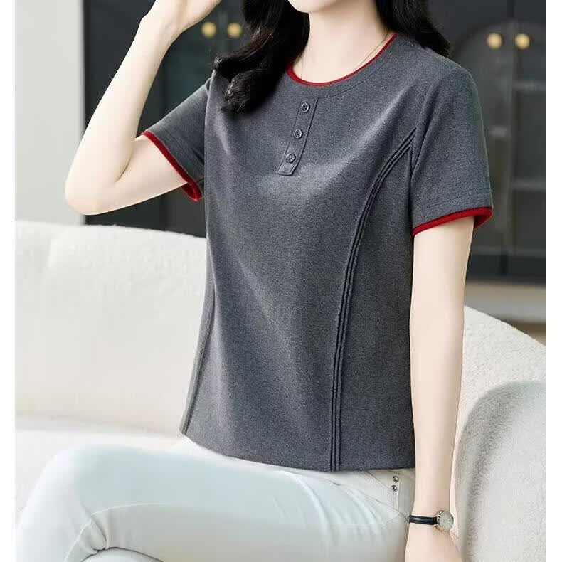 【专柜正品】女士圆领短袖T恤夏季新款时尚减龄休闲透气薄款上衣 深花灰 2XL (建议120-130斤)