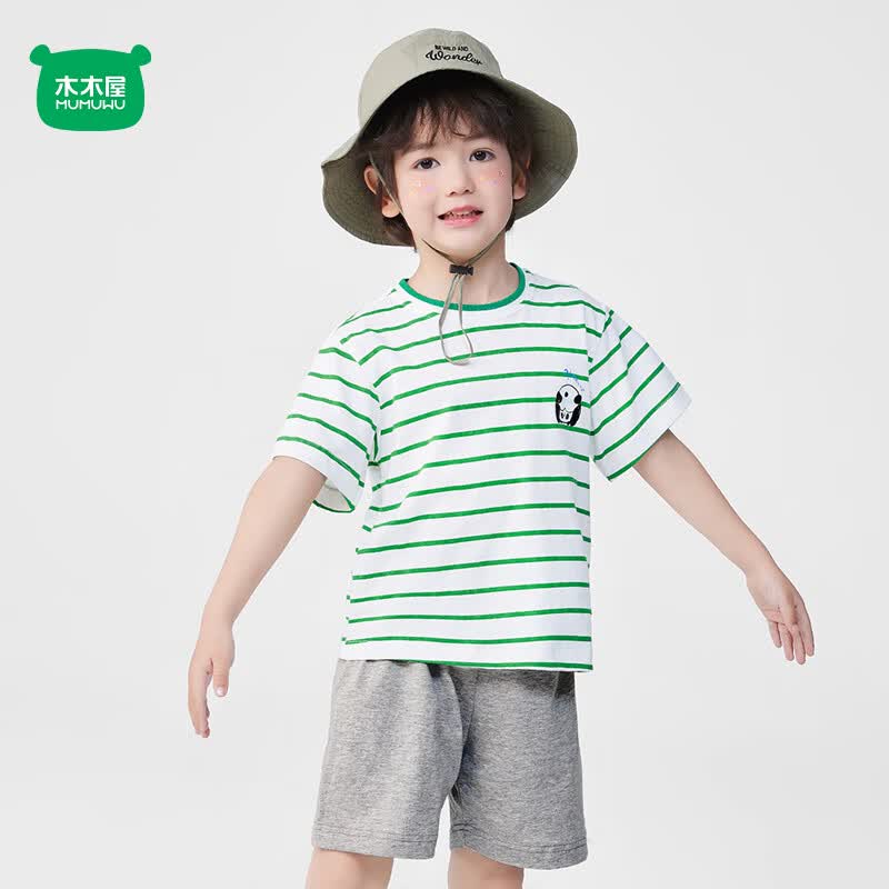 木木屋（mumuwu）男童女童夏季纯棉短袖套装儿童休闲运动两件套运动装吸汗透气套装 白/绿条纹熊猫 90