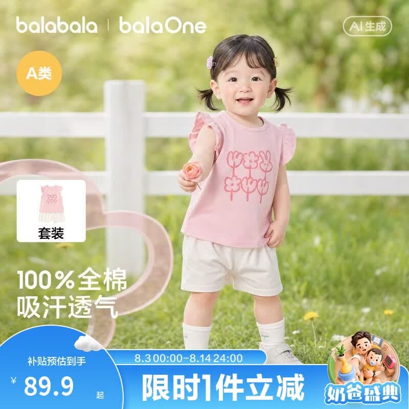 巴拉巴拉童装儿童短袖套装2026夏装新款女童宝宝t恤裤子两件套婴儿衣服甜