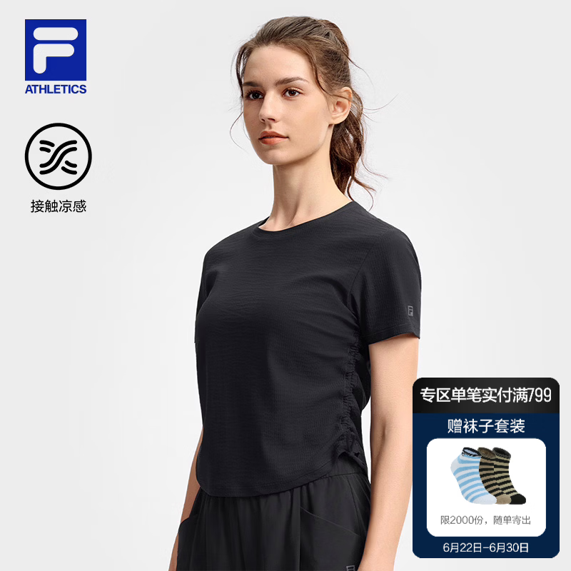 FILA 斐乐官方女子针织短袖衫2026秋新款健身运动简约修身凉感T恤 深黑-BK XL 175/92A/XL