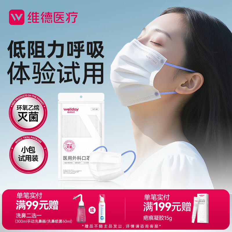 维德（WELLDAY）成人低阻力医用外科口罩泡泡纱耳带成人防尘防晒薄款过敏透气10只