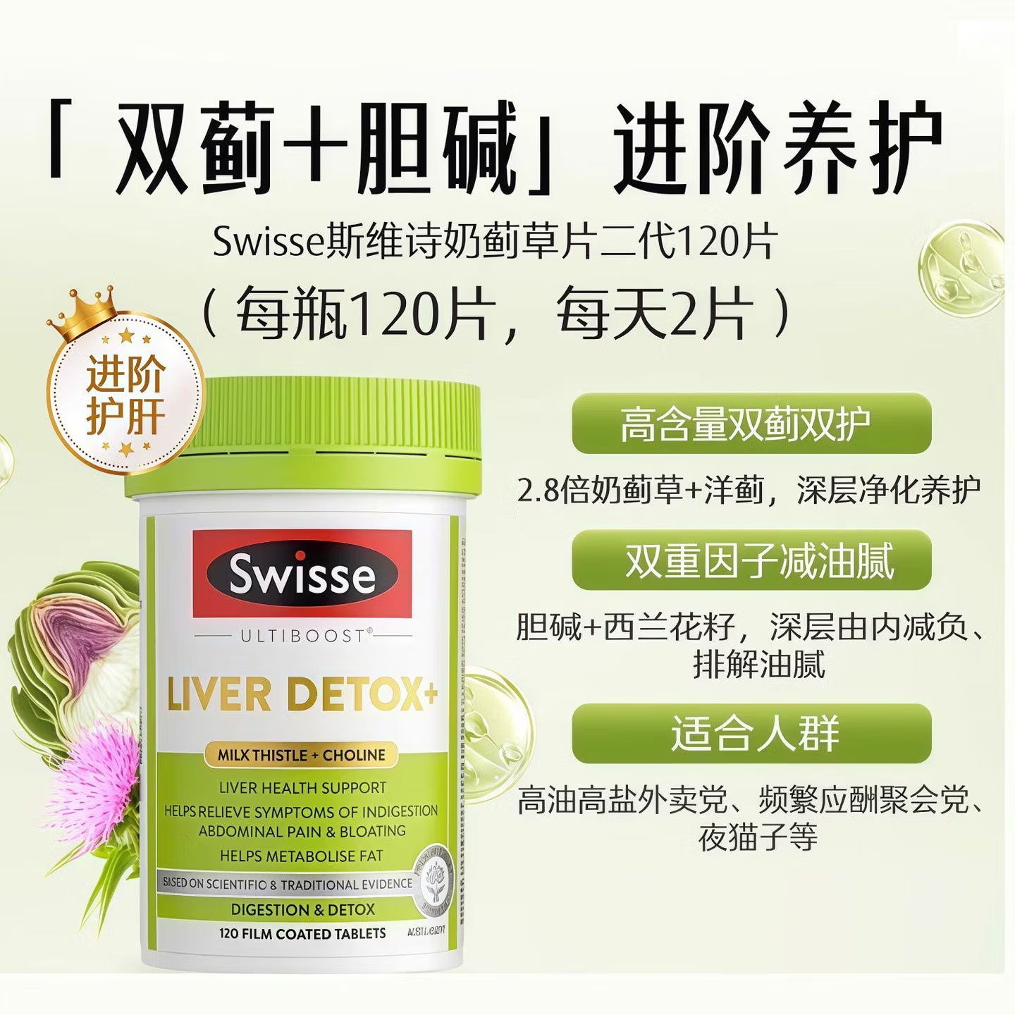 Swisse斯维诗护肝片奶蓟草片清肺片姜黄素加班熬夜解酒护肝常备120粒/瓶 【养护装】护肝片120片*2瓶