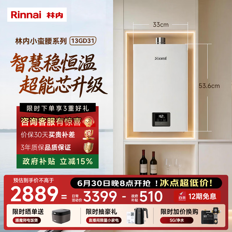 林内（Rinnai）【小蛮腰】燃气热水器天然气13升 家用强排式 变频节能恒温 13GD31 以旧换新  13L 【小蛮腰】【低压启动 恒温水流】