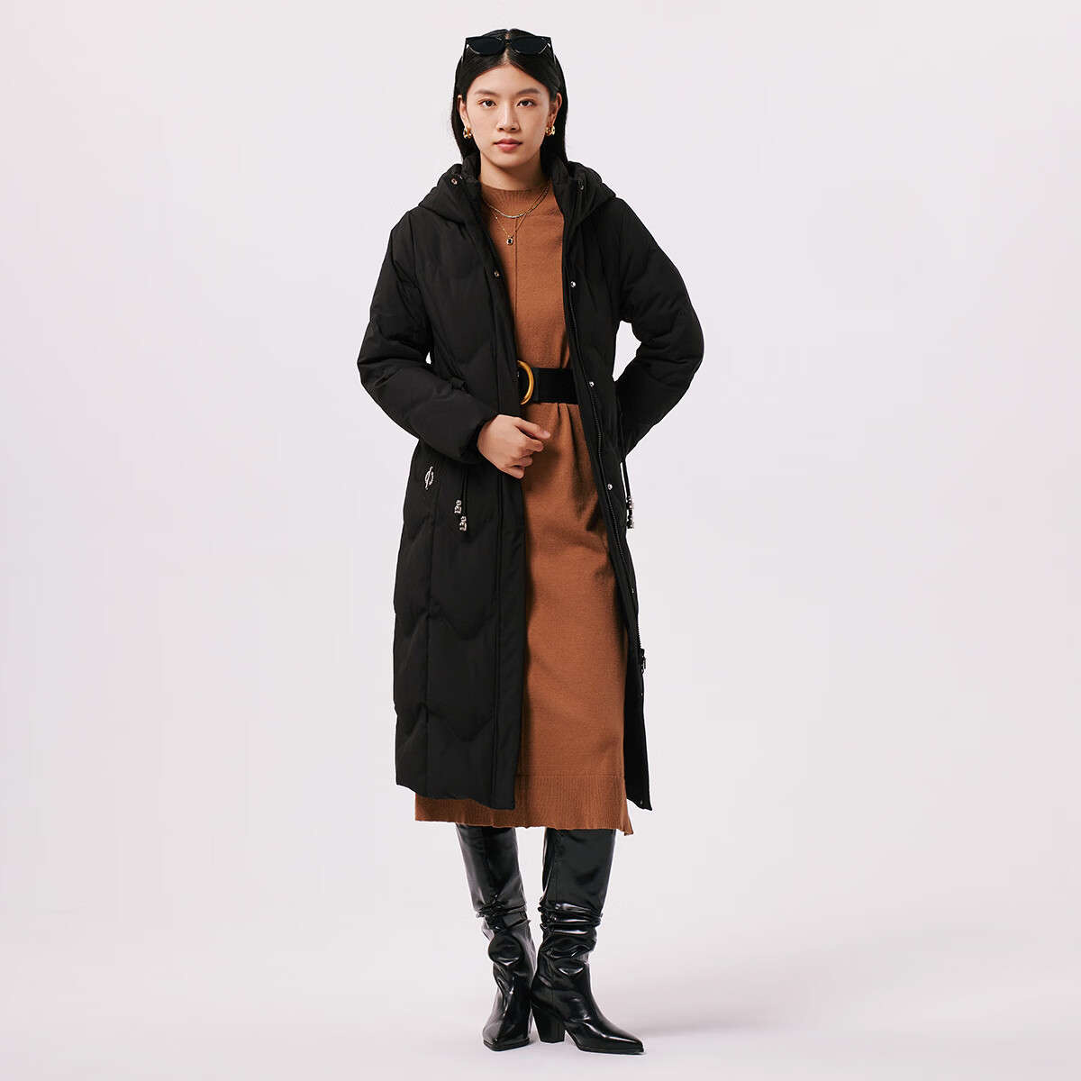 千仞岗冬季羽绒服女士过膝长款外套新红中老送妈妈加厚保暖百搭防寒服 魔力黑 S (160)